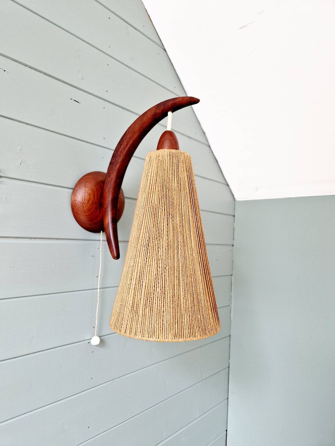 Scandinavian teak and sisal rope wall light, Temde, 1950-60