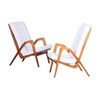 White Mid century armchairs made in Czechia '50s. By Jan Vanek, fully Restored