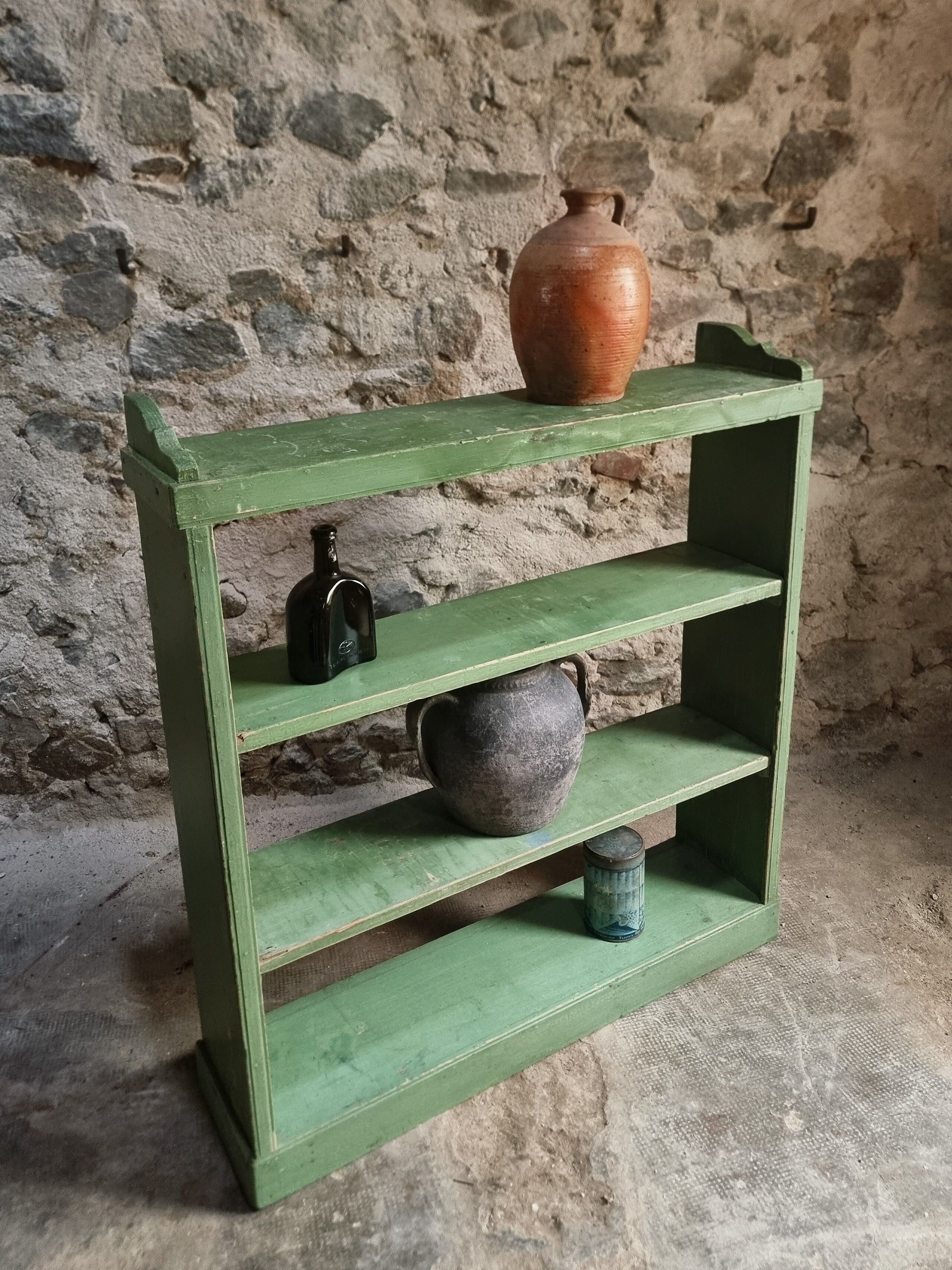 Vintage open pine shelf, original sage green paint, circa 1900–1930.
