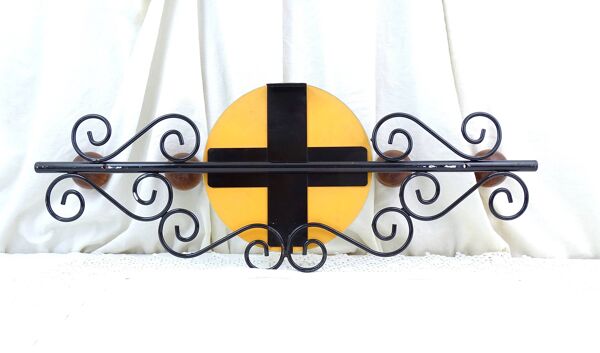 Porte-manteau mural vintage avec 4 crochets, miroir rond et cadre en fer forgé noir, meuble d'entrée rétro des années 1960, France