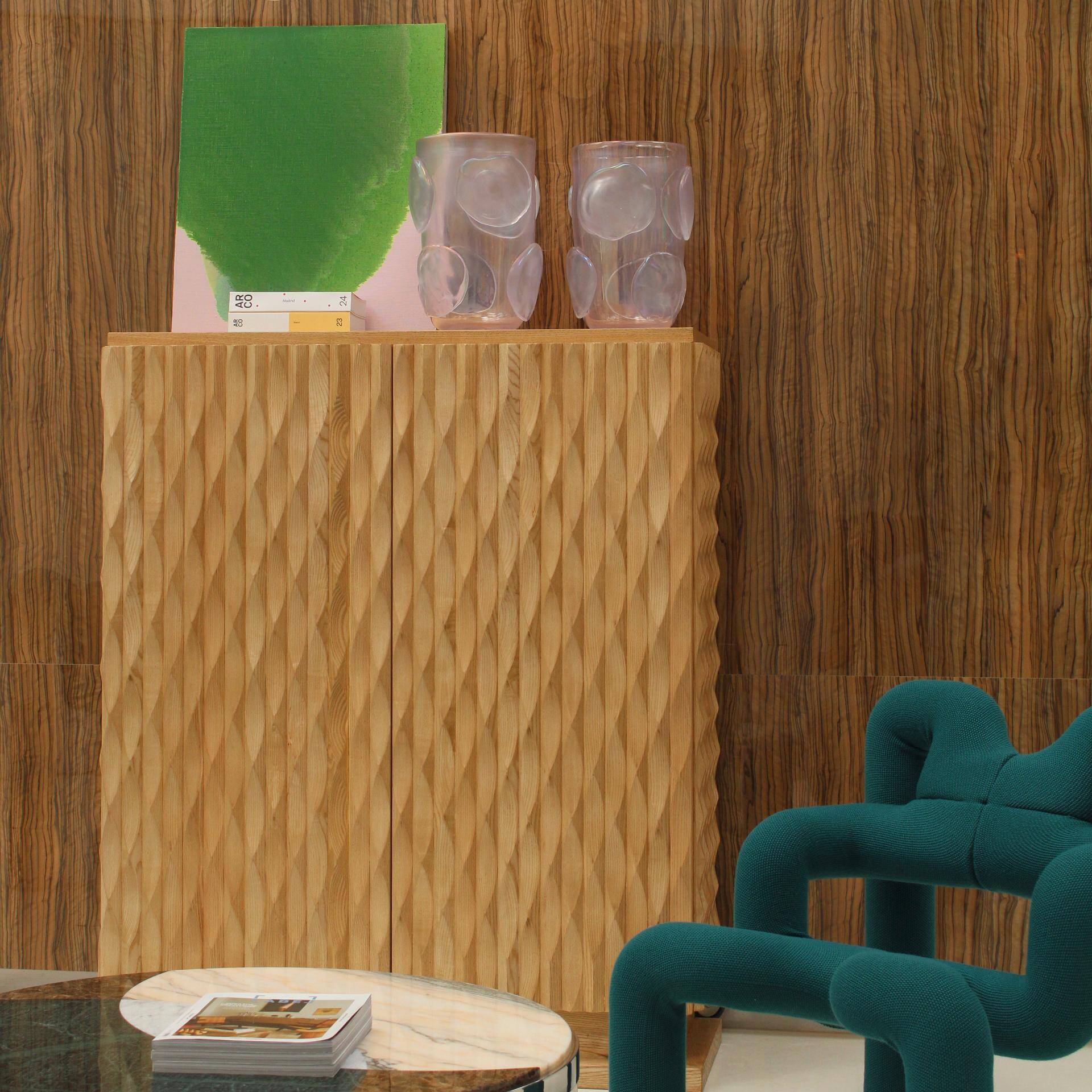 Brutalist Style Hand-carved Solid Oak Wood and Glass Mirror Italian Bar Cabinet