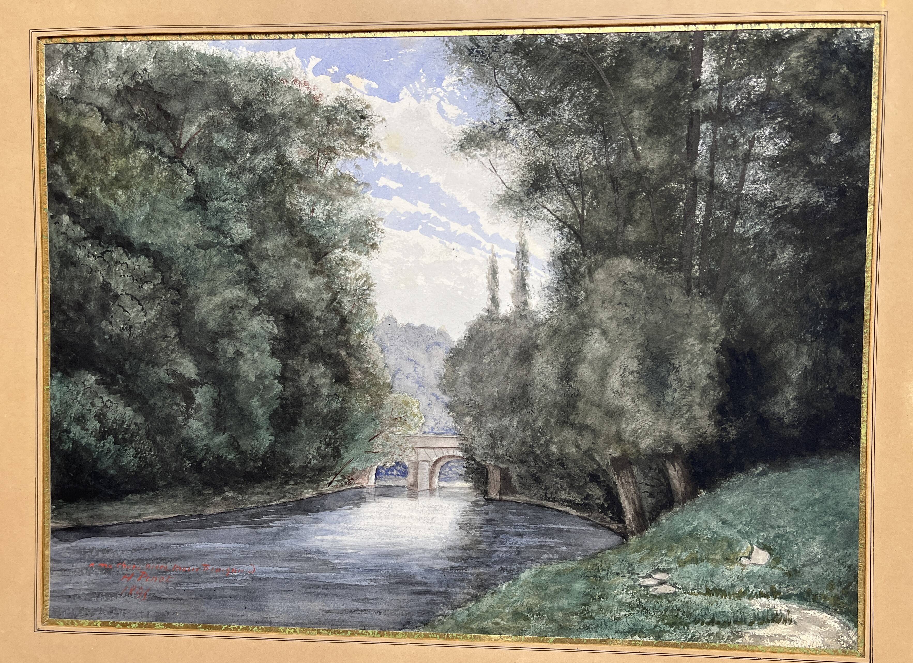Pinet (h), watercolor landscape with bridge signed dated end of 19th century