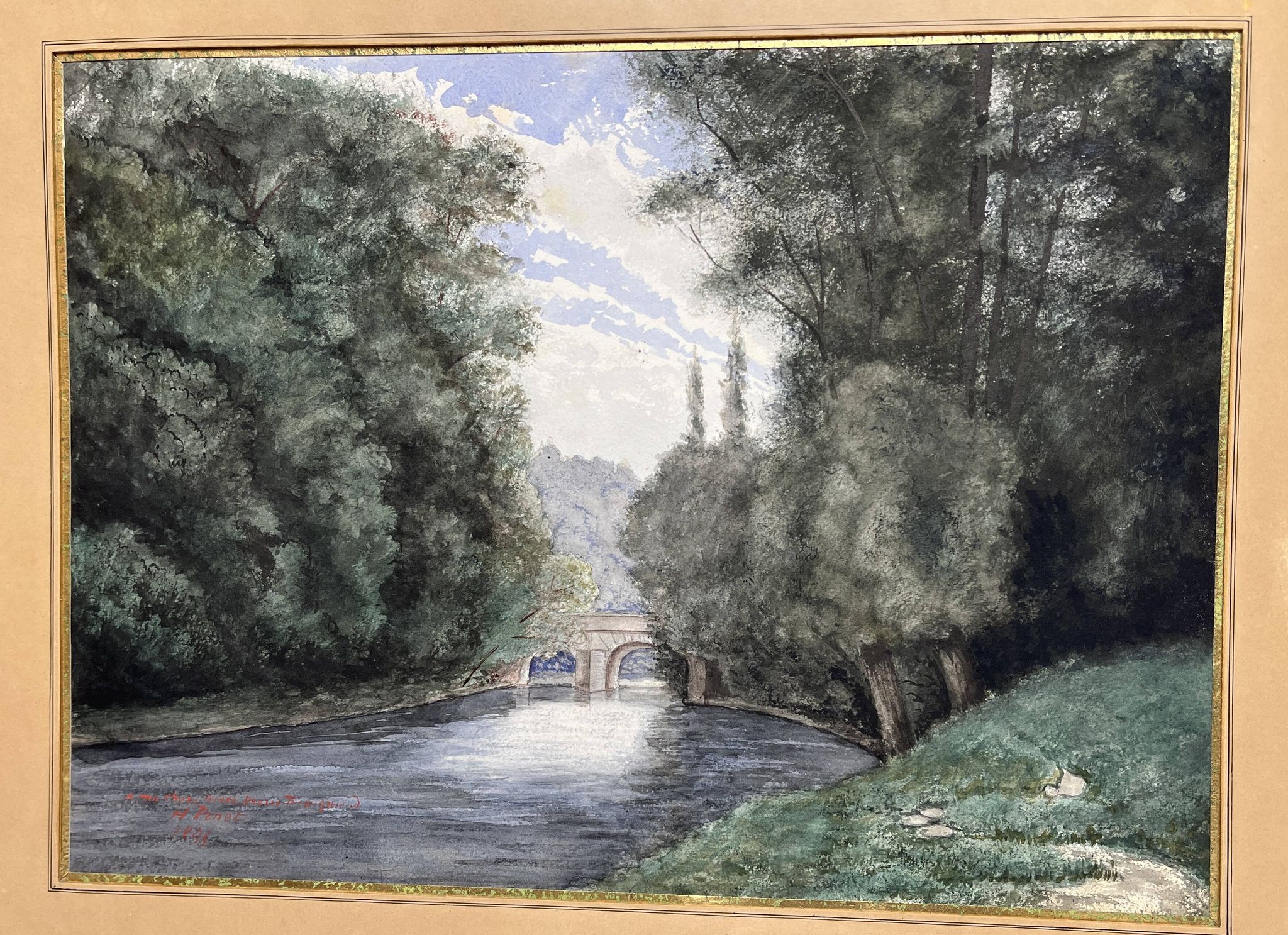 Pinet (h), watercolor landscape with bridge signed dated end of 19th century