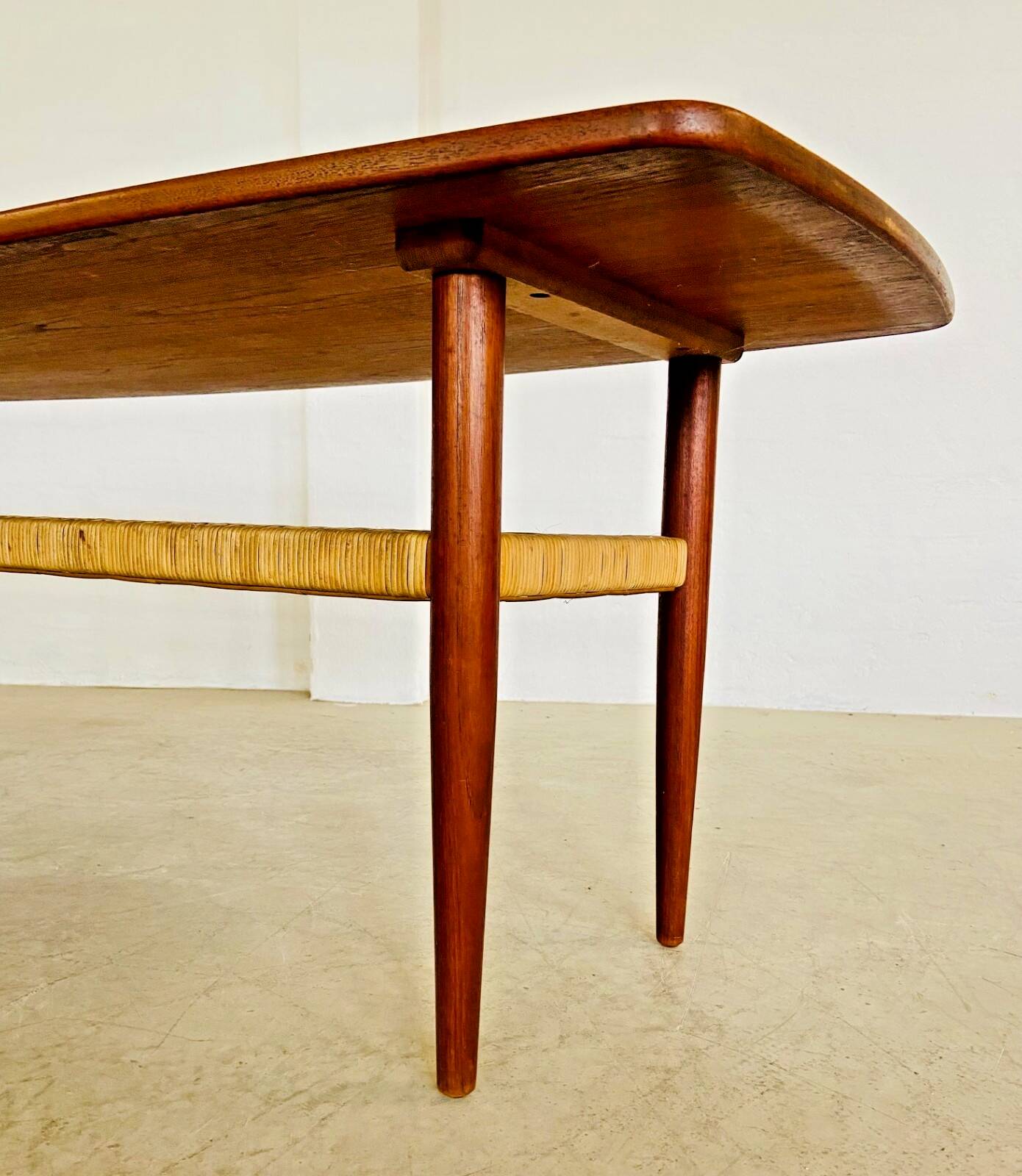 Vintage Danish mid-century teak and rattan coffee table 1960s