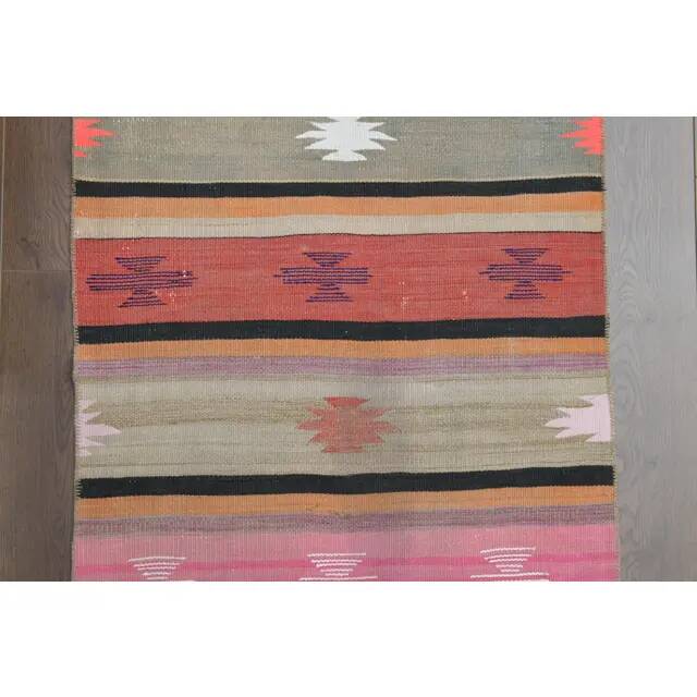 Vintage Turkish Hand-Knotted Wool Cotton Pink Runner Rug 72x398
