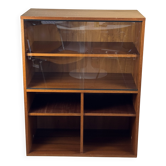 Teak bookshelf, sliding display + open storage, 60s/70s