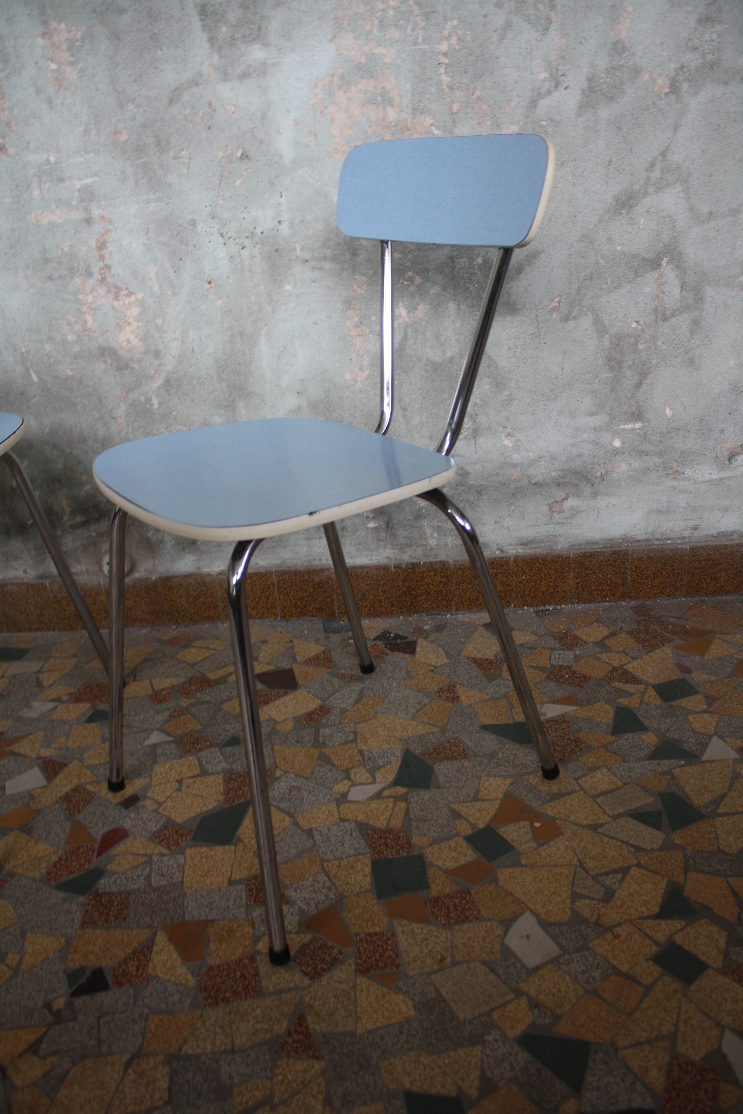 Pair of blue vintage formica kitchen chairs