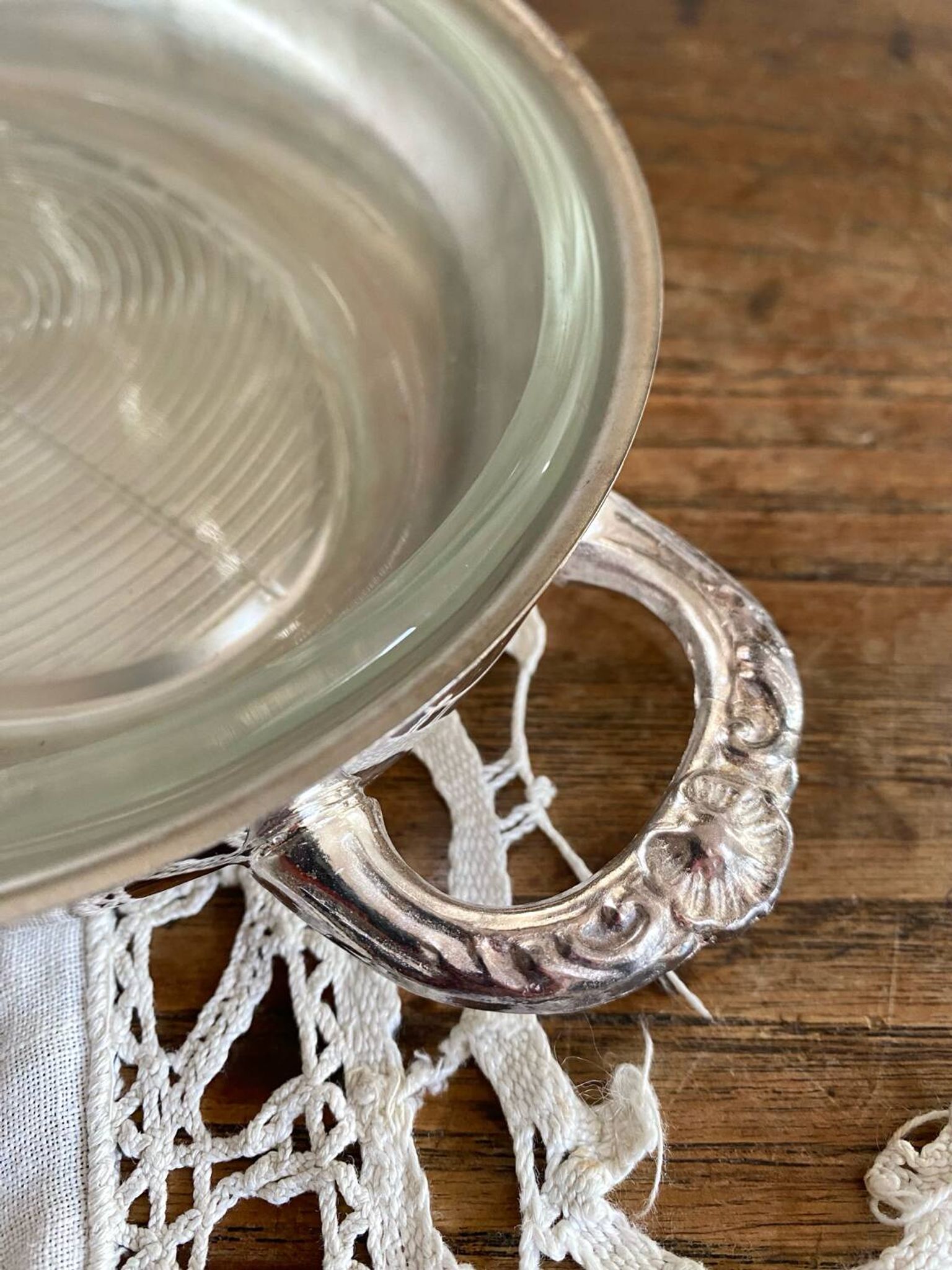 Oval silver-plated metal and glass dish