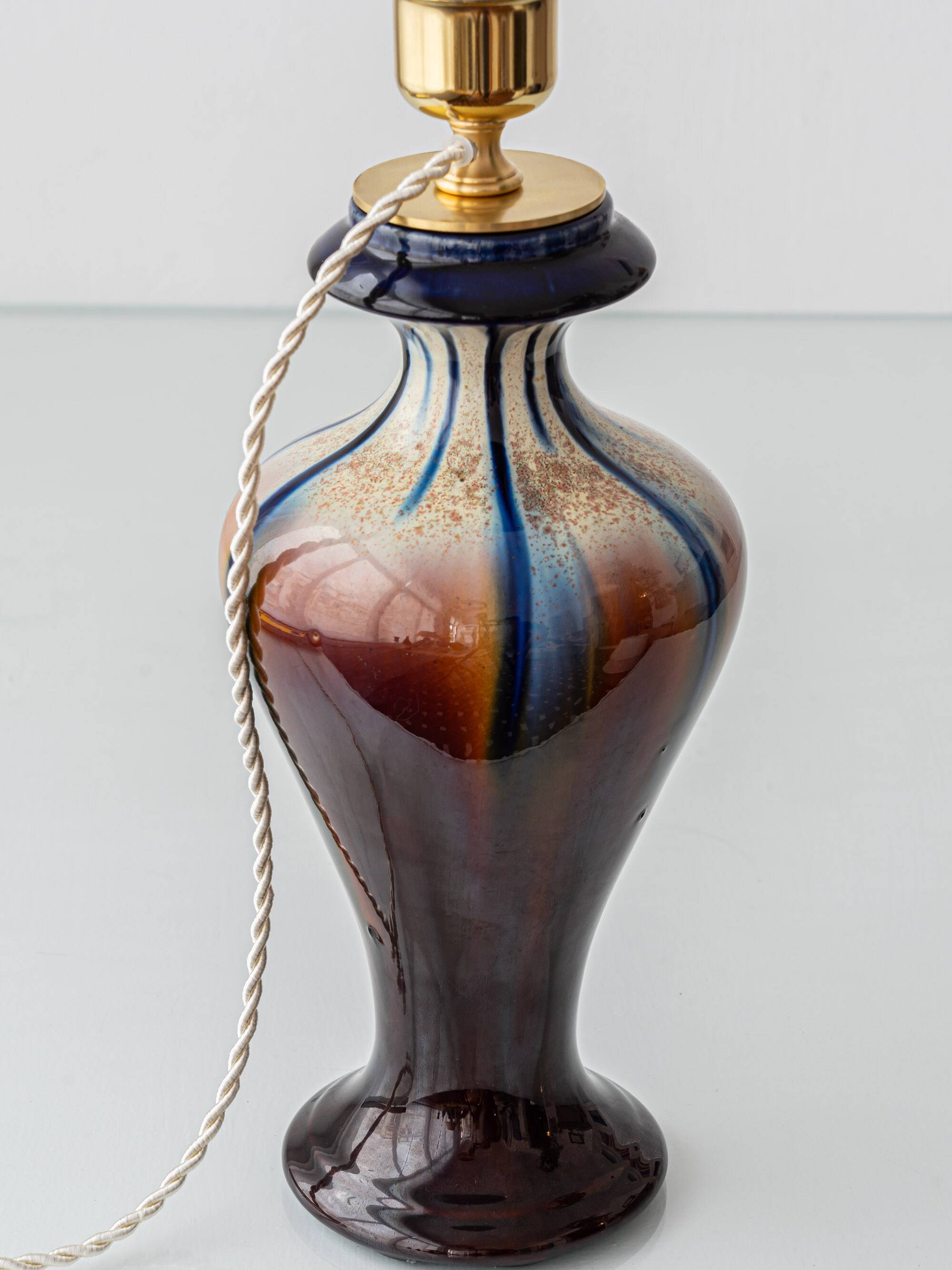 Belgian Art Deco Ceramic Table Lamps, Pair, Flambé Drip Glaze, New Silk Shades