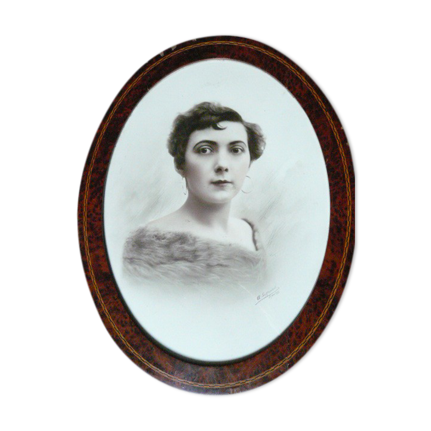 Former art deco framed photography oval glass wood marquetry