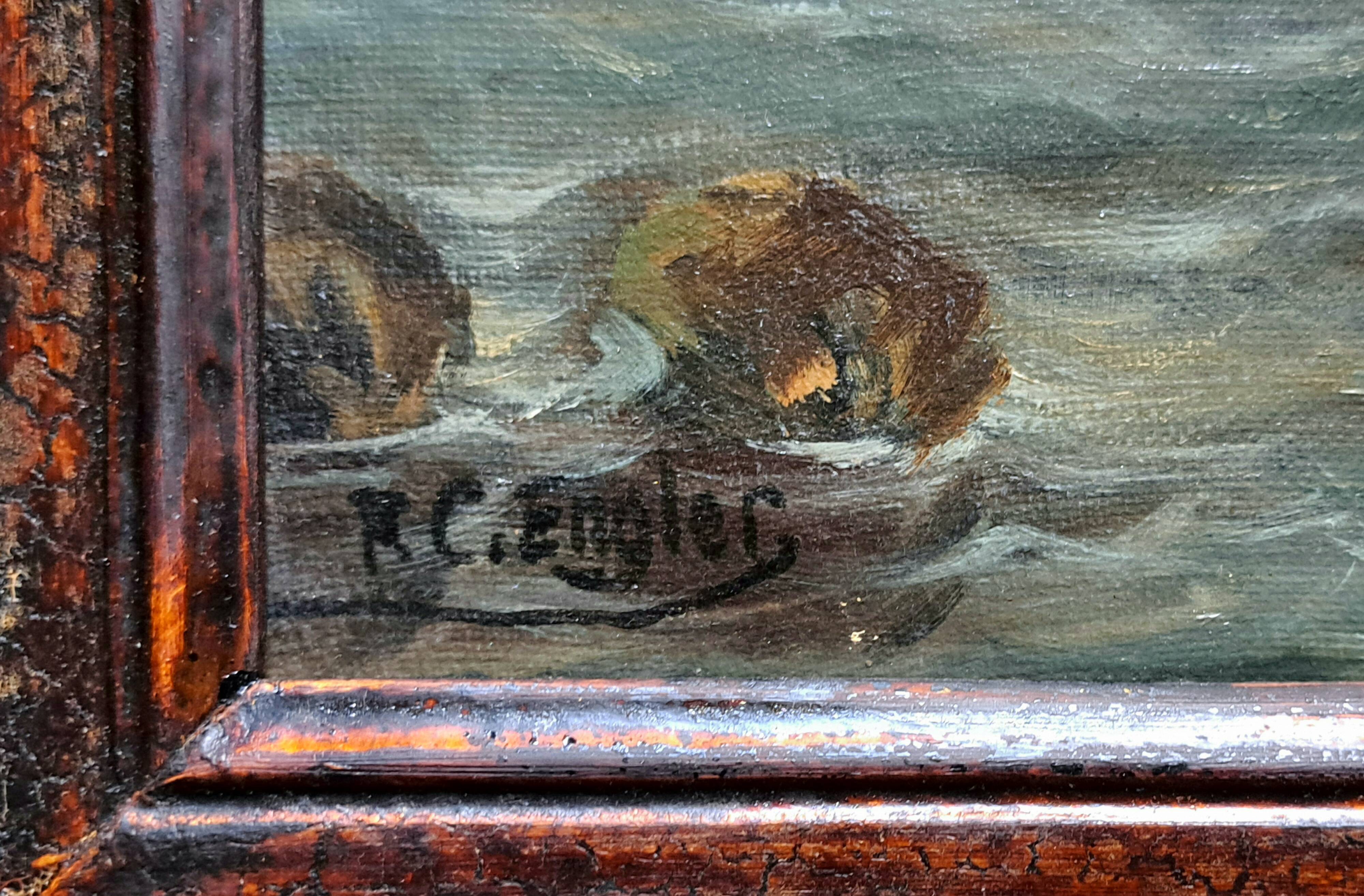 Impressionist painting attributed to F-G Engler, oil on canvas, romantic seascape.