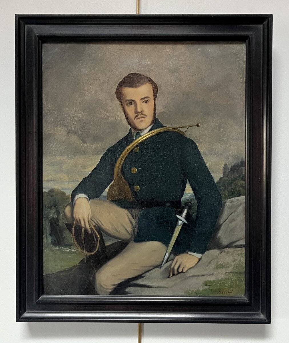 French school early 20th century, Portrait of a hunter, oil on canvas signed