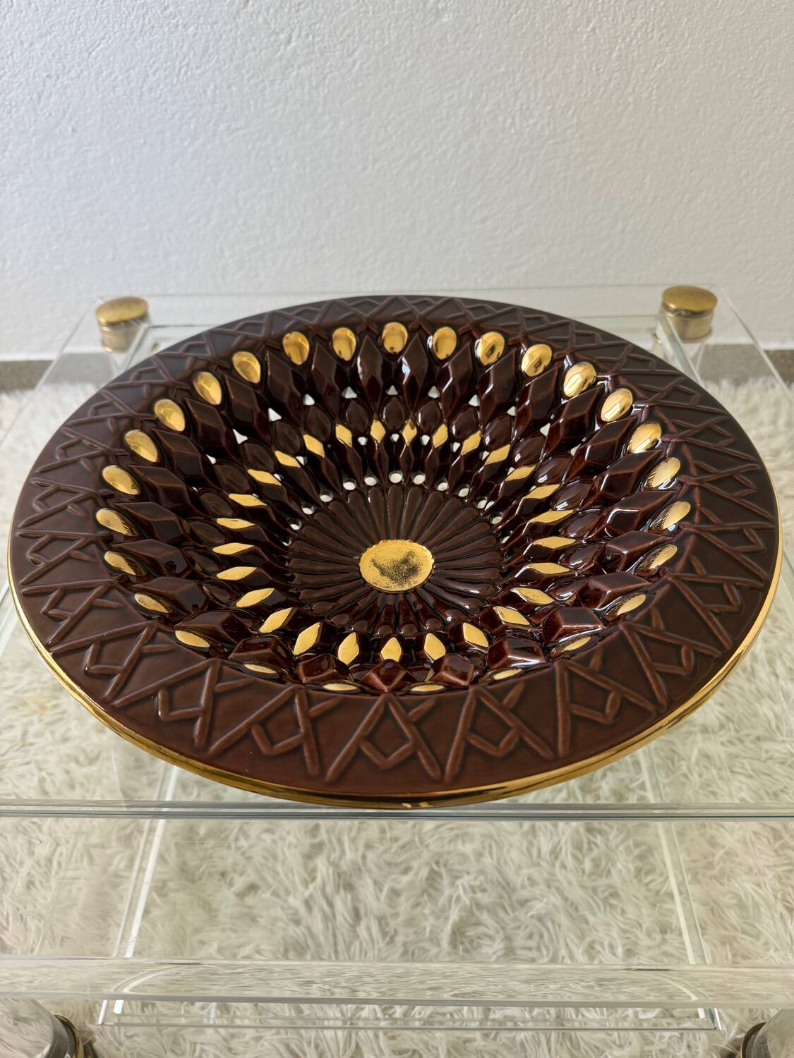 Large decorative openwork ceramic dish Vallauris 60s