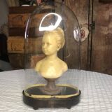 Ancien buste en cire "Louise Brongniart" sous globe de mariée d'après Jean-