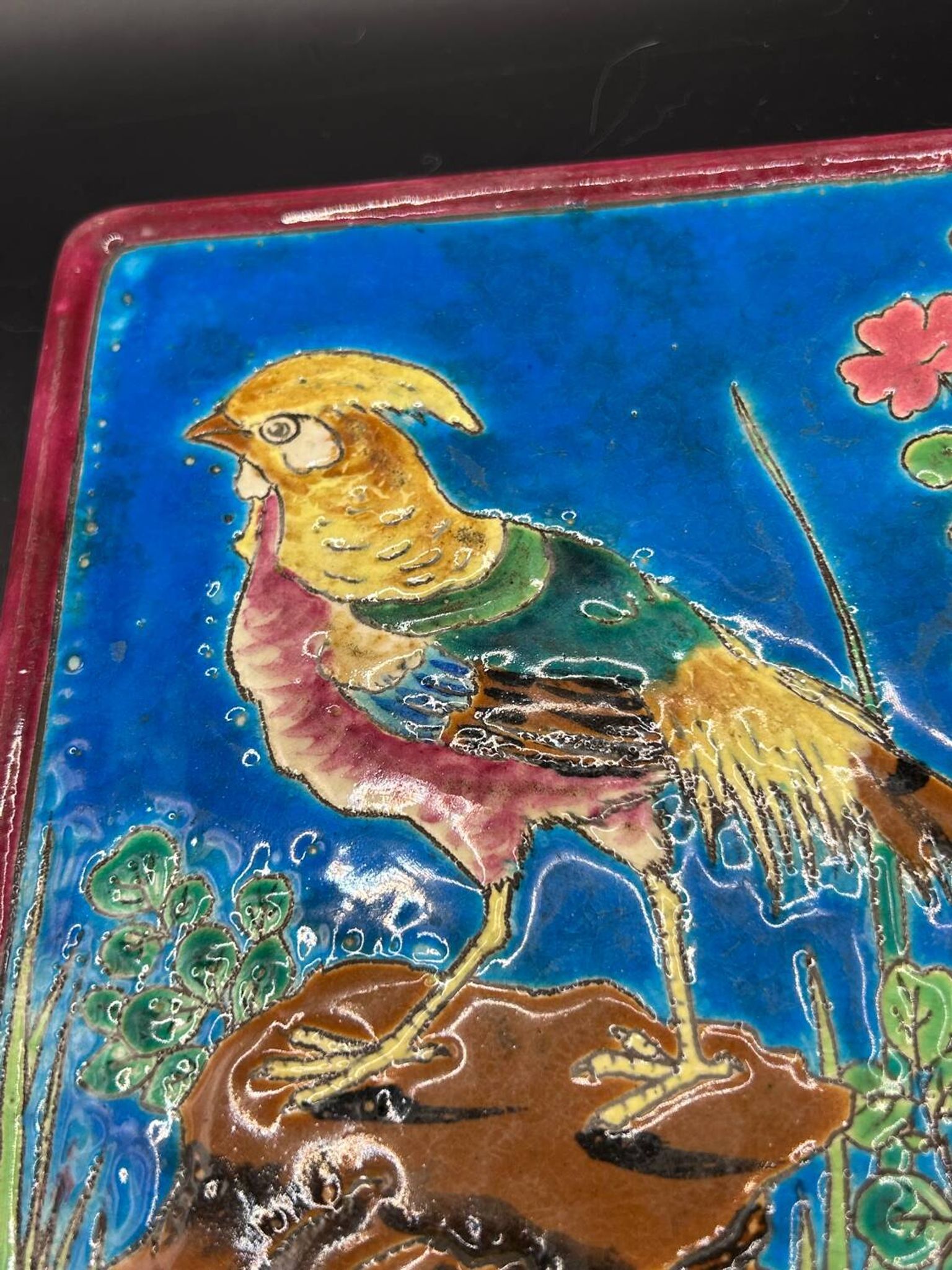 Trivet in cloisonné enamel from Longwy - pheasant design