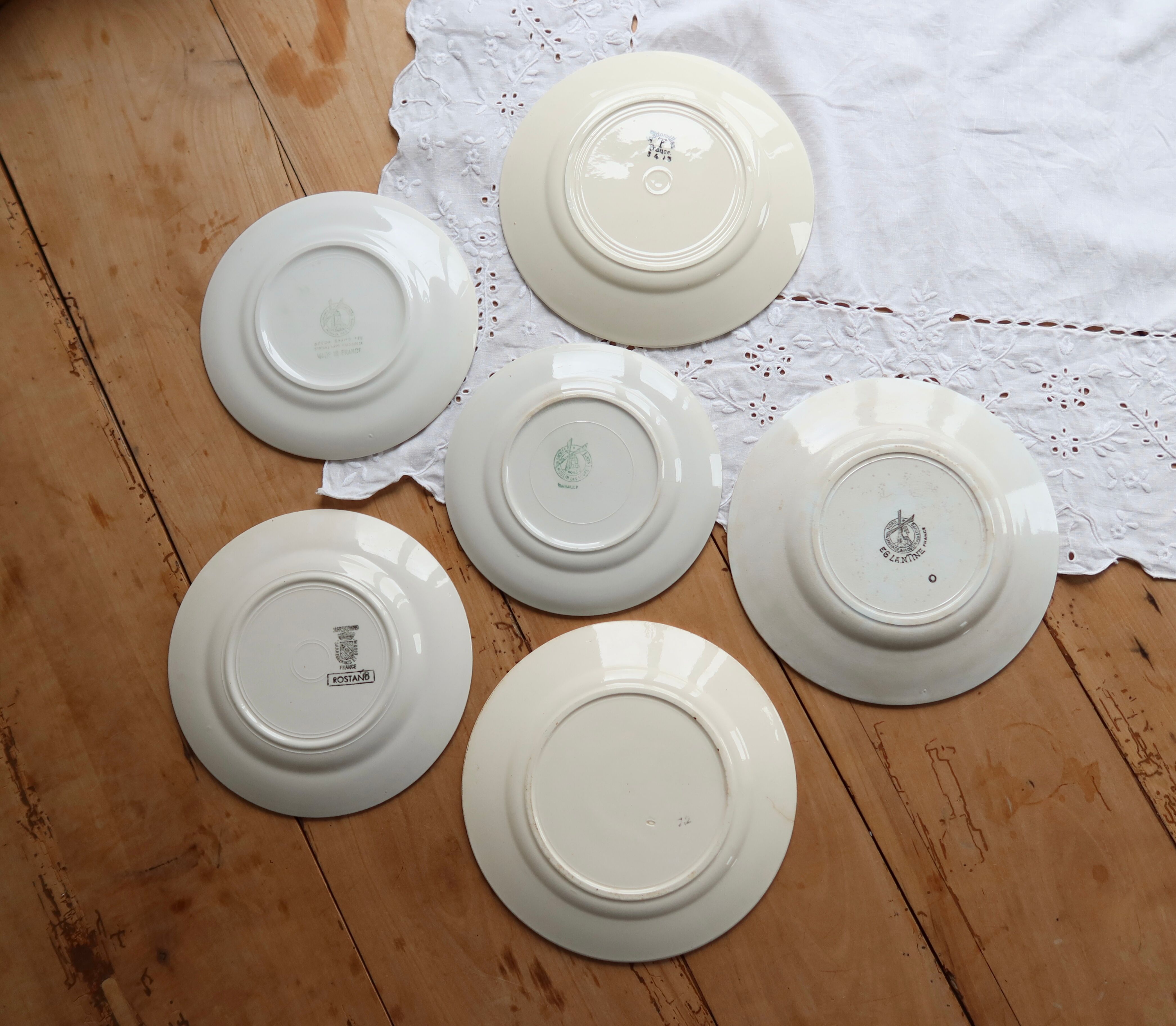 6 vintage mismatched blue and white earthenware dessert plates