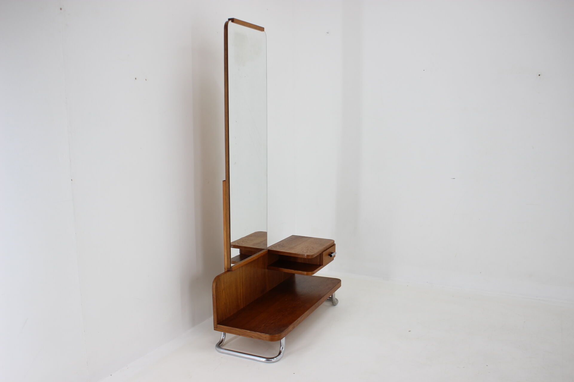 1950s Set of  Oak Bauhaus Mirror Cabinet and Bedside Tables, Czechoslovakia
