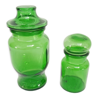 Lot de 2 pots d'apothicaire en verre vert