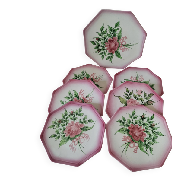 assiettes à dessert et plat de service en faïence – décor peint main