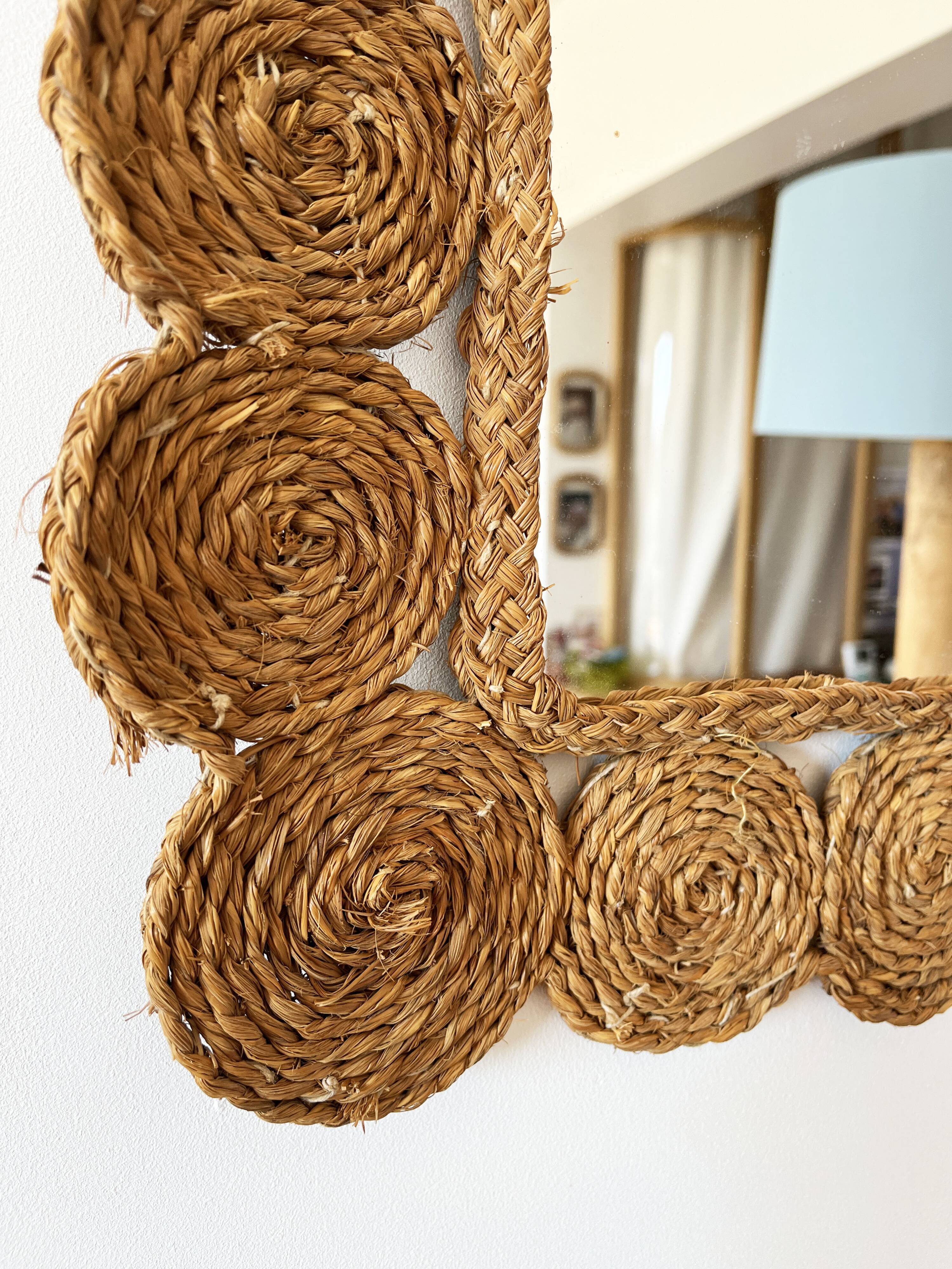 Vintage 1960s braided raffia mirror