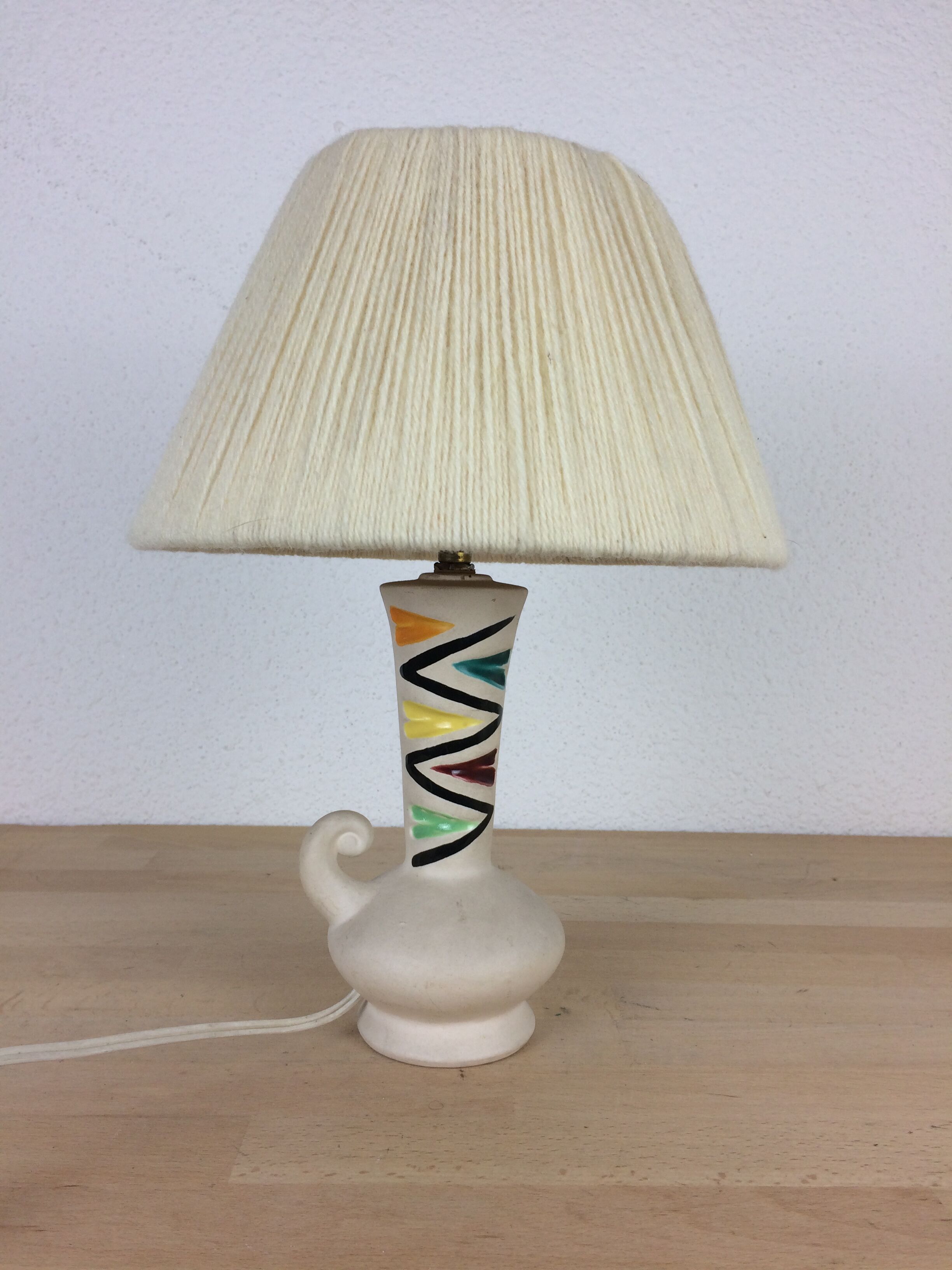 Ceramic lamp 60s and lampshade white wool