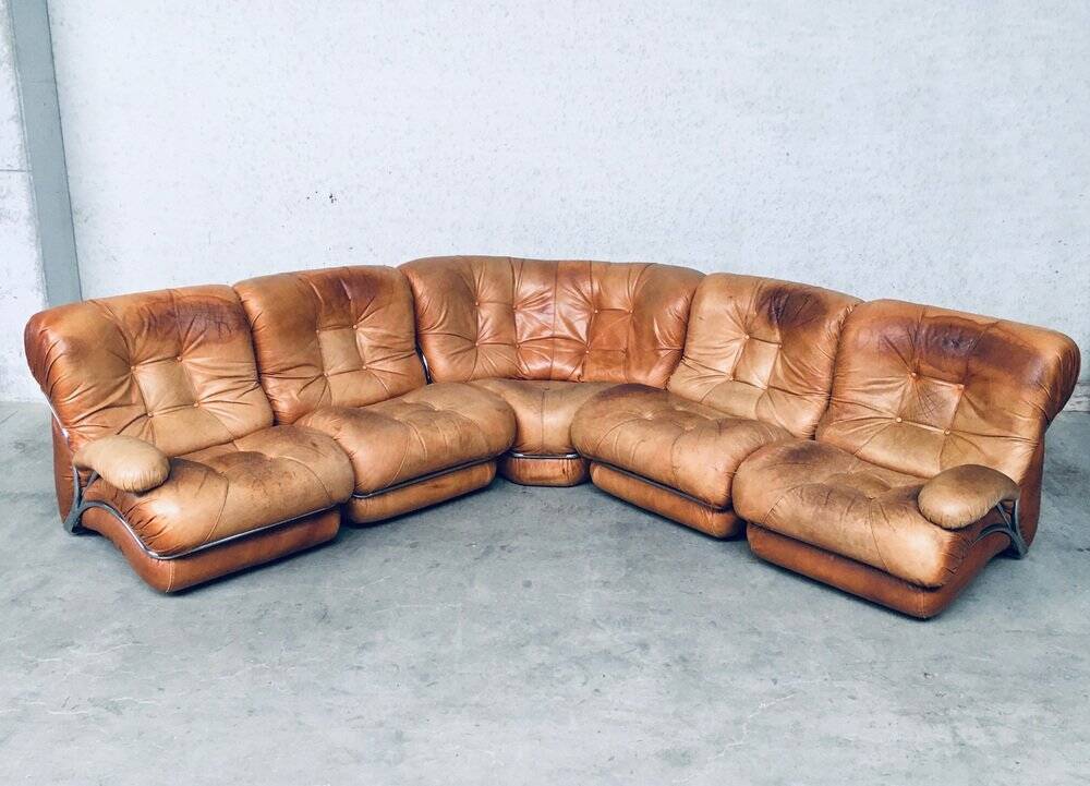 Mid-Century Modern Italian Leather Sectional Sofa by Ipe, Italy, 1970s, Set of 5