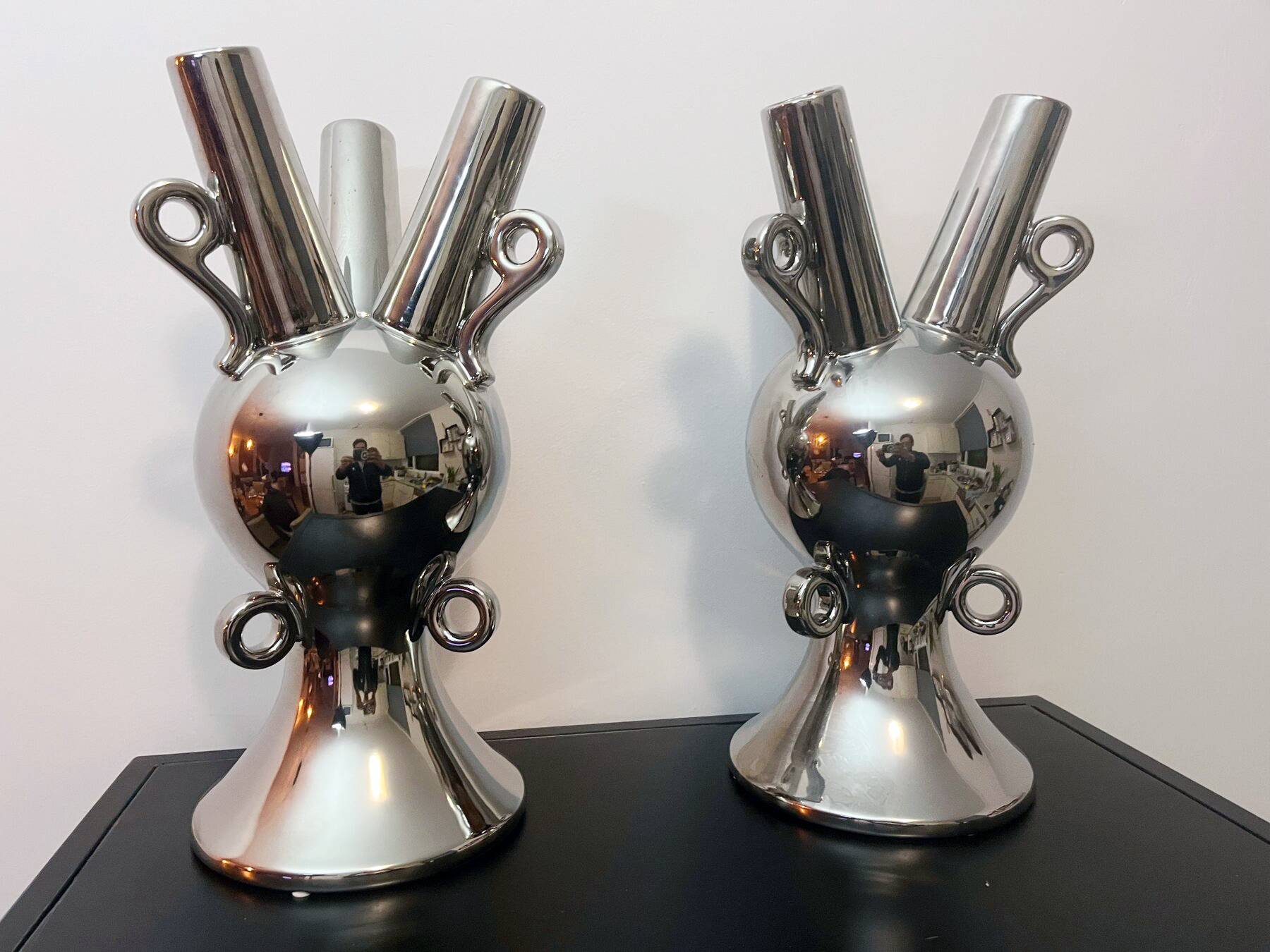 2 Large Vintage Vases • Chrome Ceramic • XXL • 1990