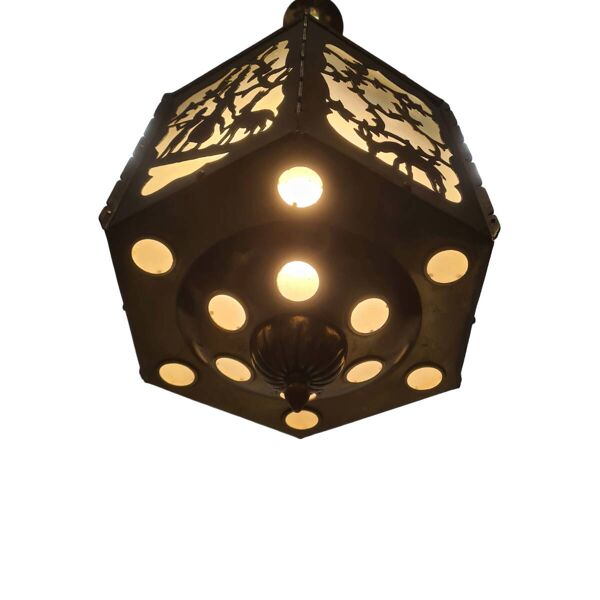Lampe à suspension antique en laiton scié ajouré, début des années 1900
