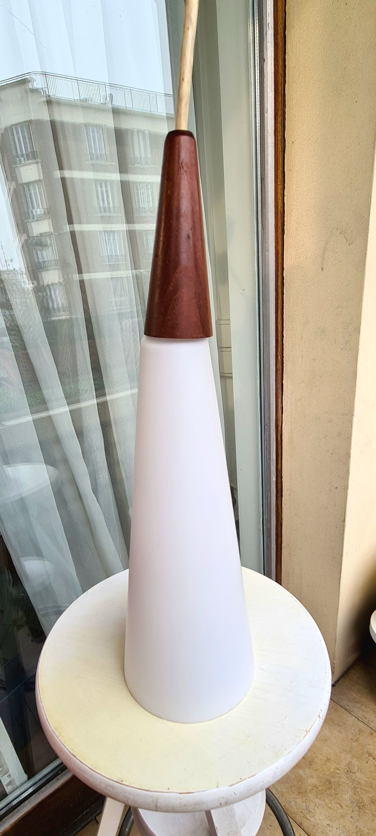 Pair of vintage opaline and teak pendant lamps