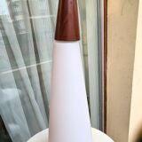 Pair of vintage opaline and teak pendant lamps