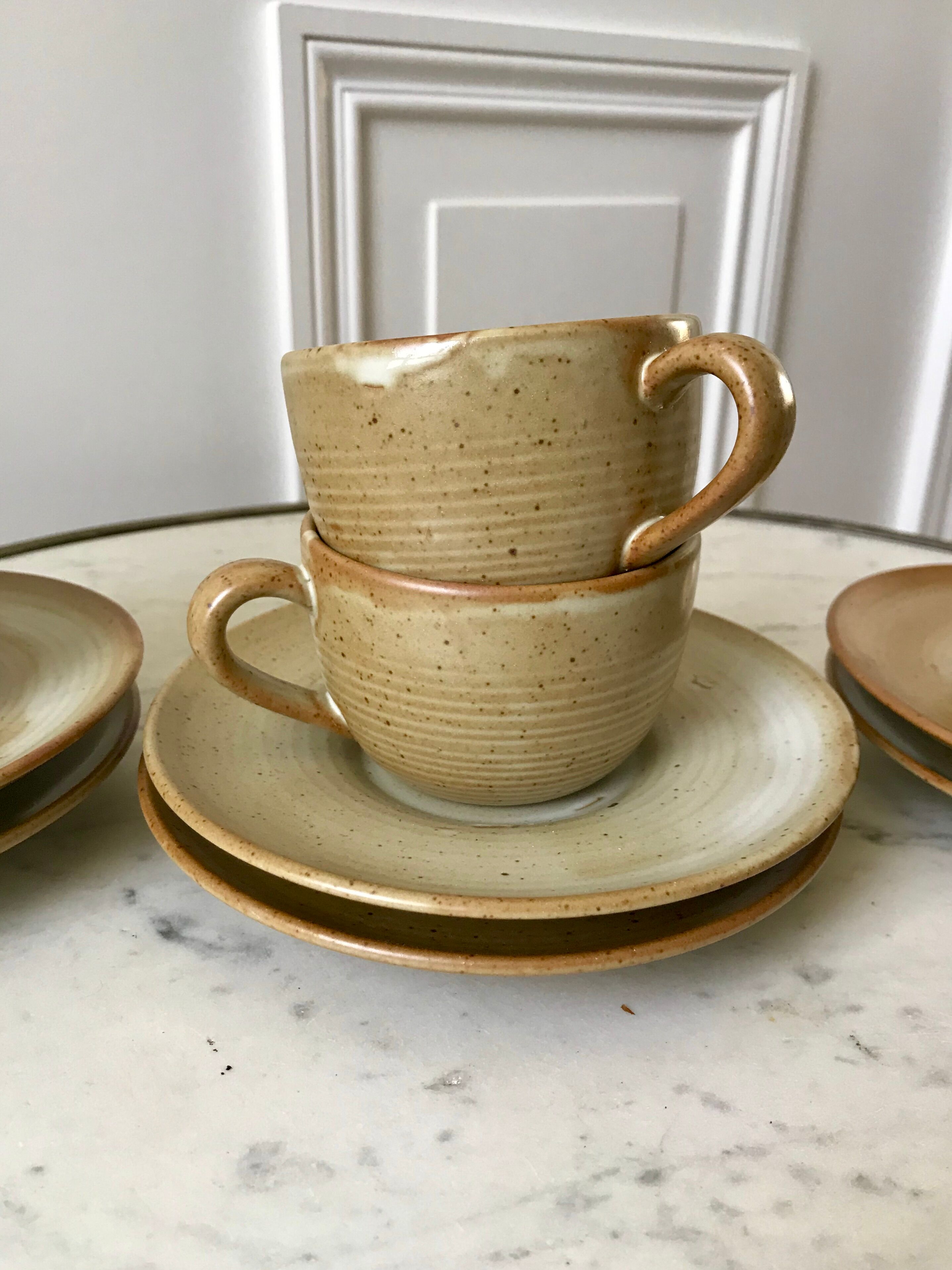set of 6 stoneware cups and saucers Grès du Village 60s-70s