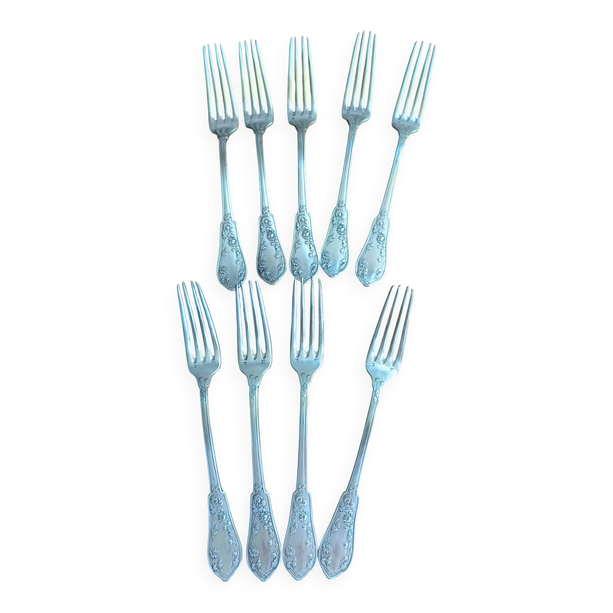 9 silver-plated Art Nouveau forks 1900-1920 with daisy decoration