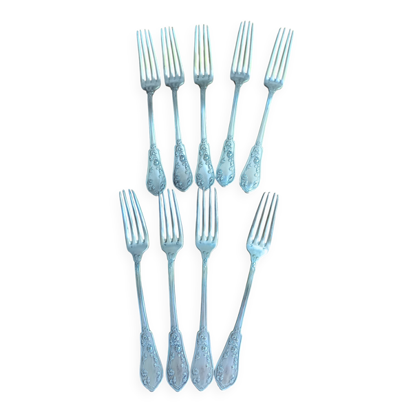 9 fourchettes métal argenté Art Nouveau 1900-1920 décor marguerites