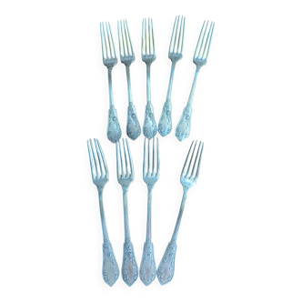 9 fourchettes métal argenté Art Nouveau 1900-1920 décor marguerites
