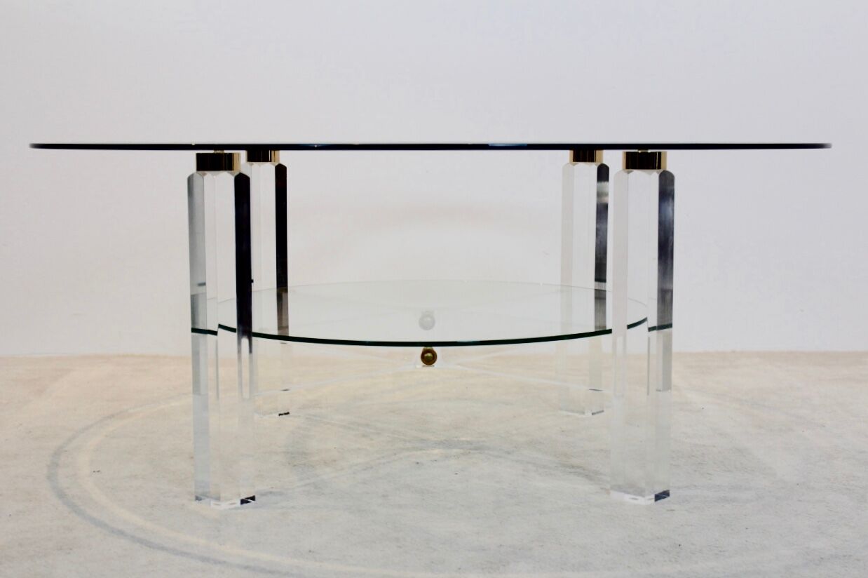 Coffee table lucite, brass & glass, Belgium 1970