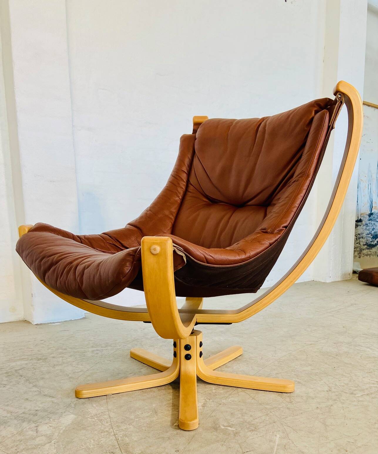 Svend Skippers vintage retro cognac leather swivel chair set 1970s