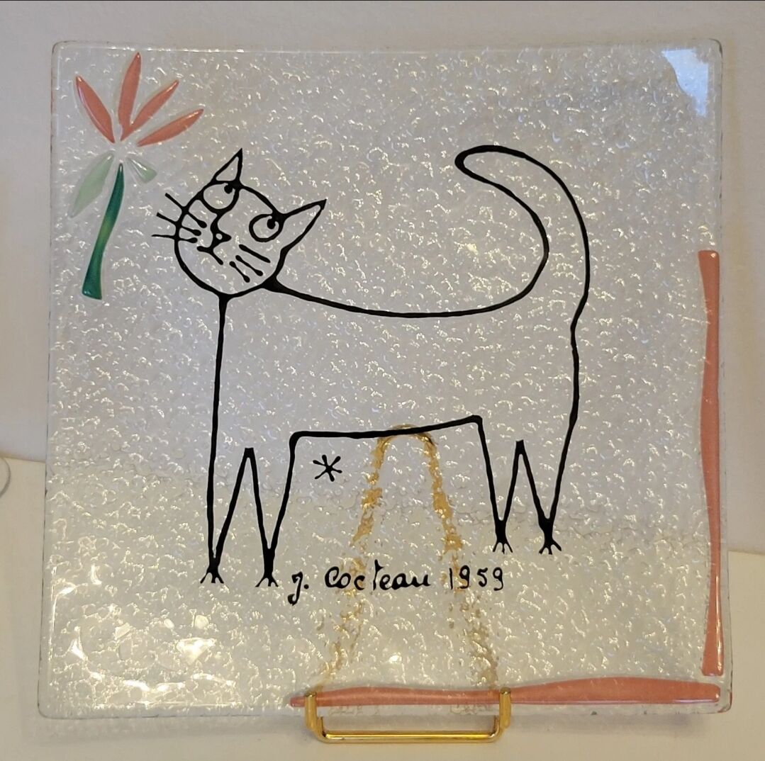 Vide pocket glass plate signed Jean Cocteau 1959 cat décor