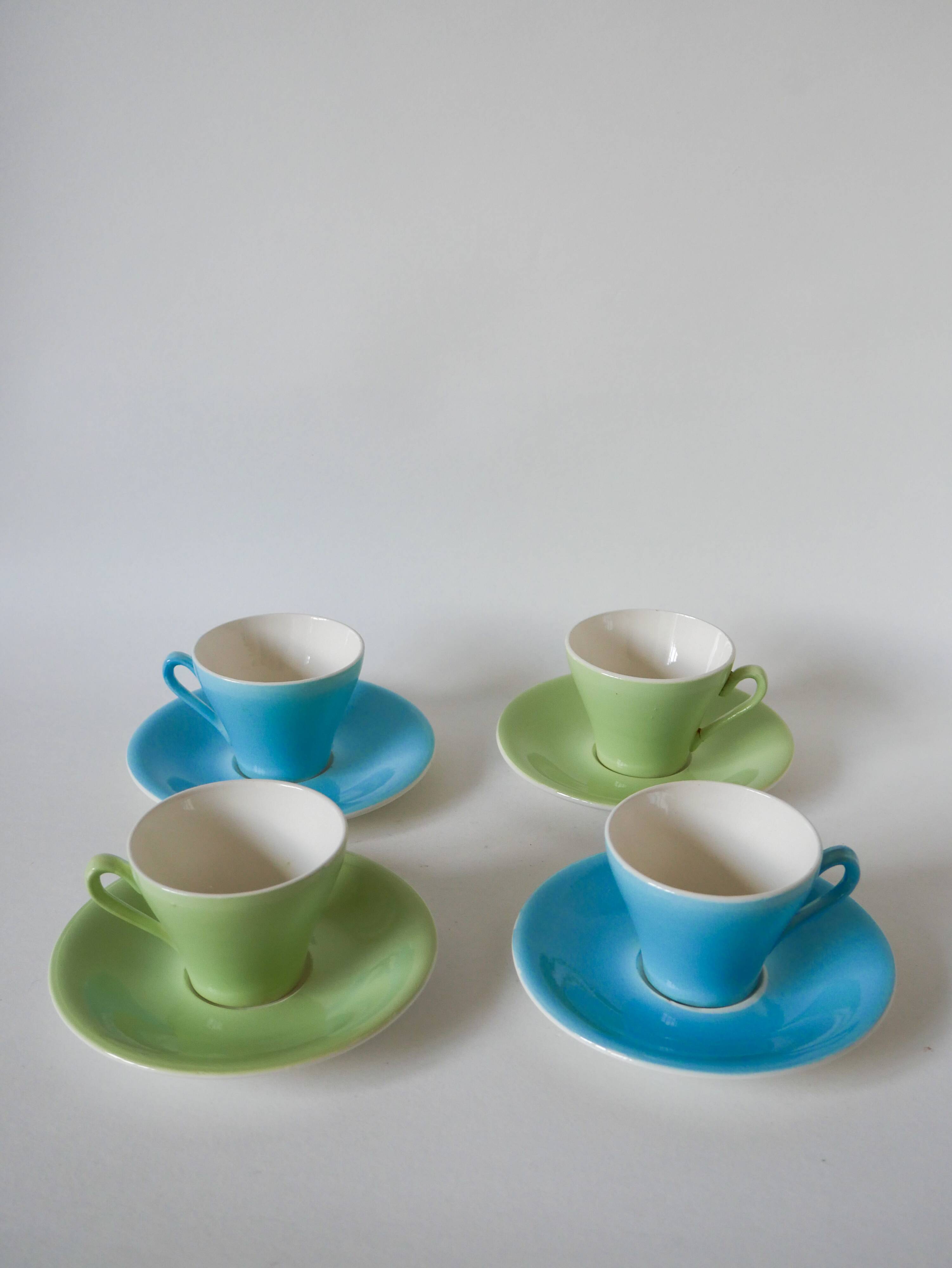 set of 4 pastel green and blue coffee cups 1950