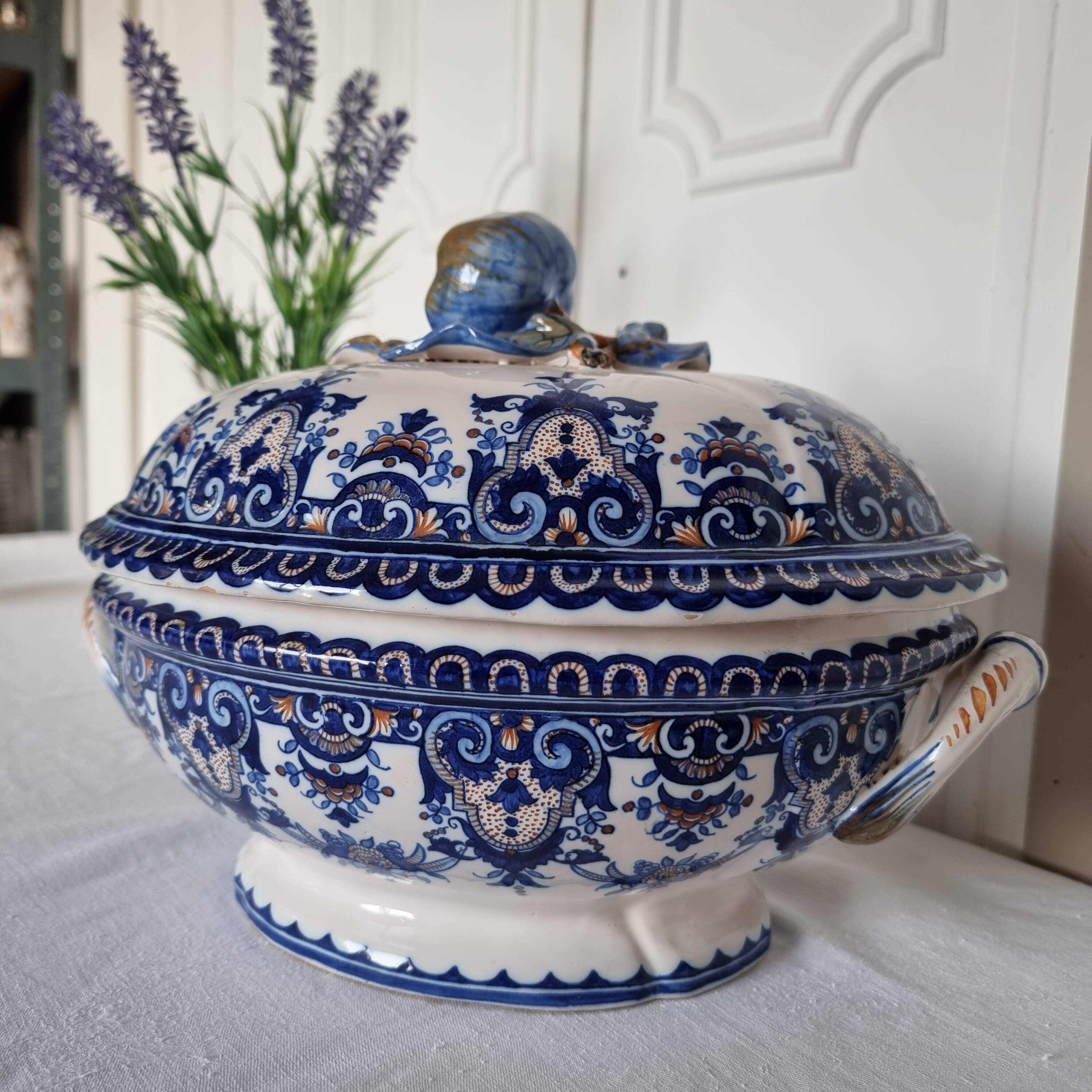 Antique earthenware tureen by Émile Tessier (1887-1971), Malicorne, France