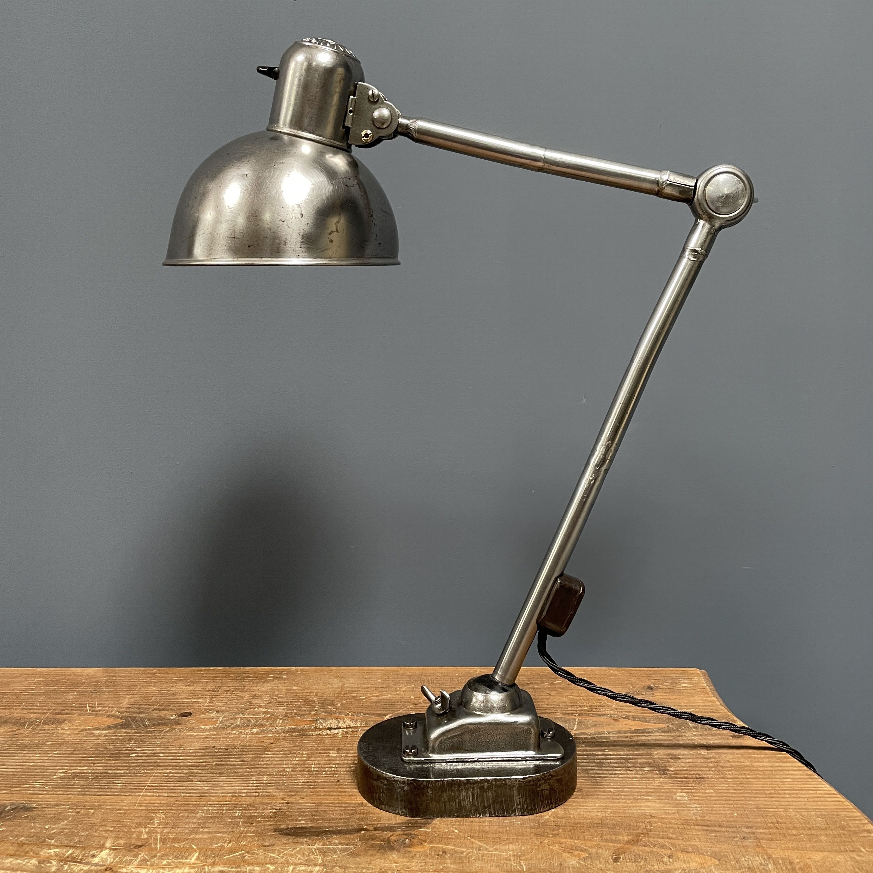 Polished Kaiser idell model 6726 workshop table lamp from the 1930s