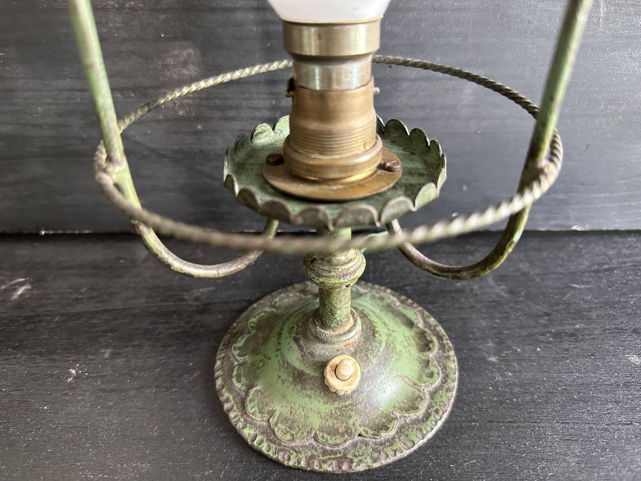 Antique patinated green metal lamp, Art Nouveau style, early 20th century.