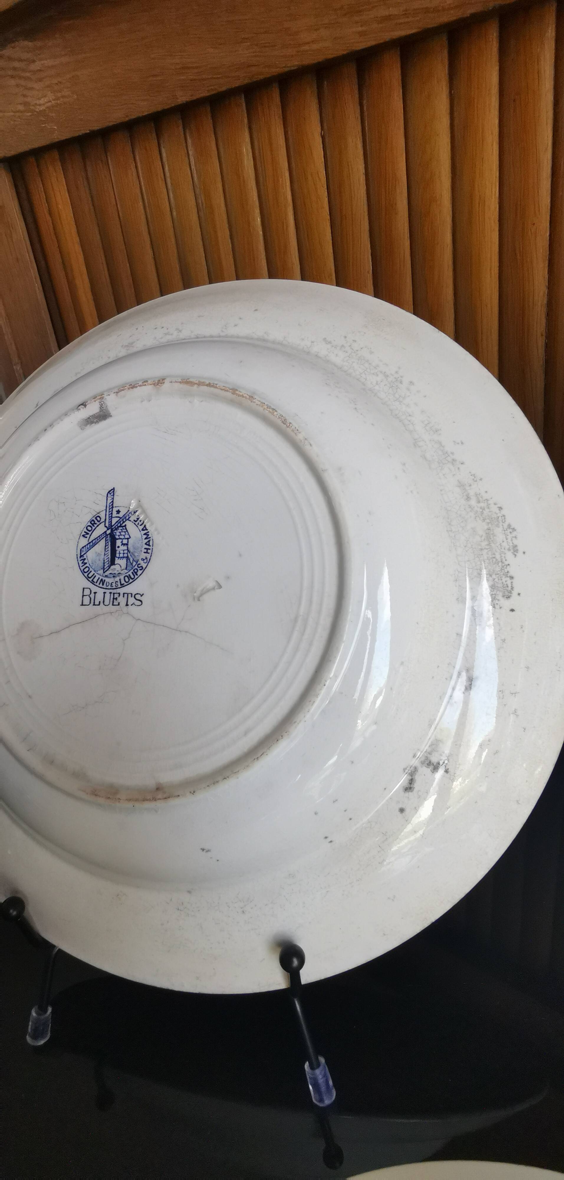 6 old mismatched deep plates Terre de Fer, glass and blue colors