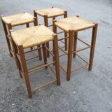 Set of 4 bar stools wood and straw