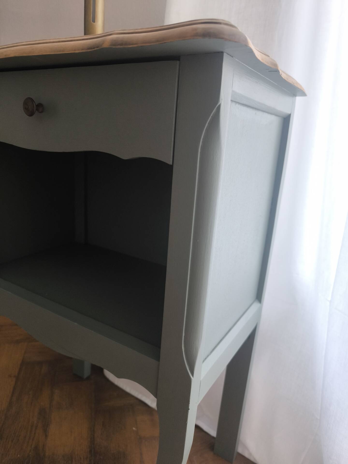 Louis XV bedside table revamped in solid oak and sage green/grey green.