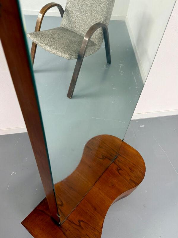 Grand miroir sur pied art déco année 30 bois courbe placage noyer