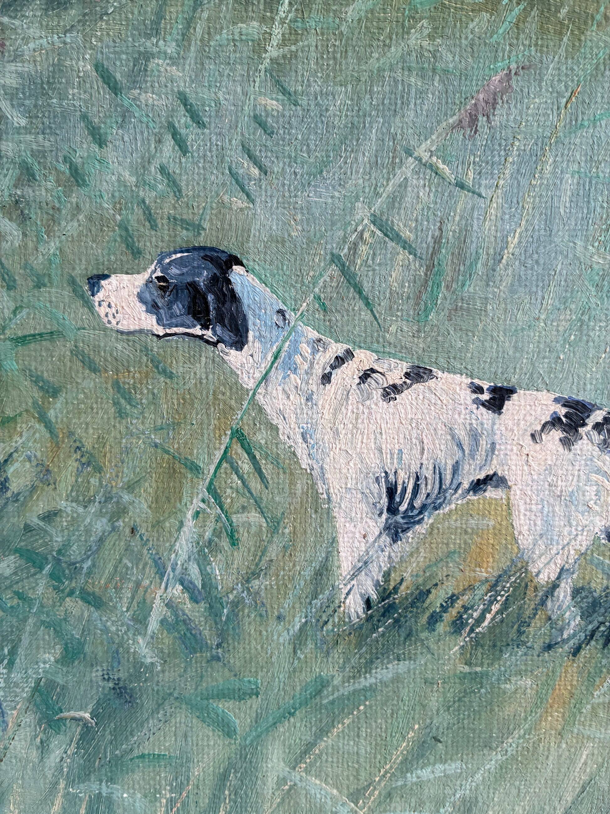 Large vintage original landscape dog oil painting