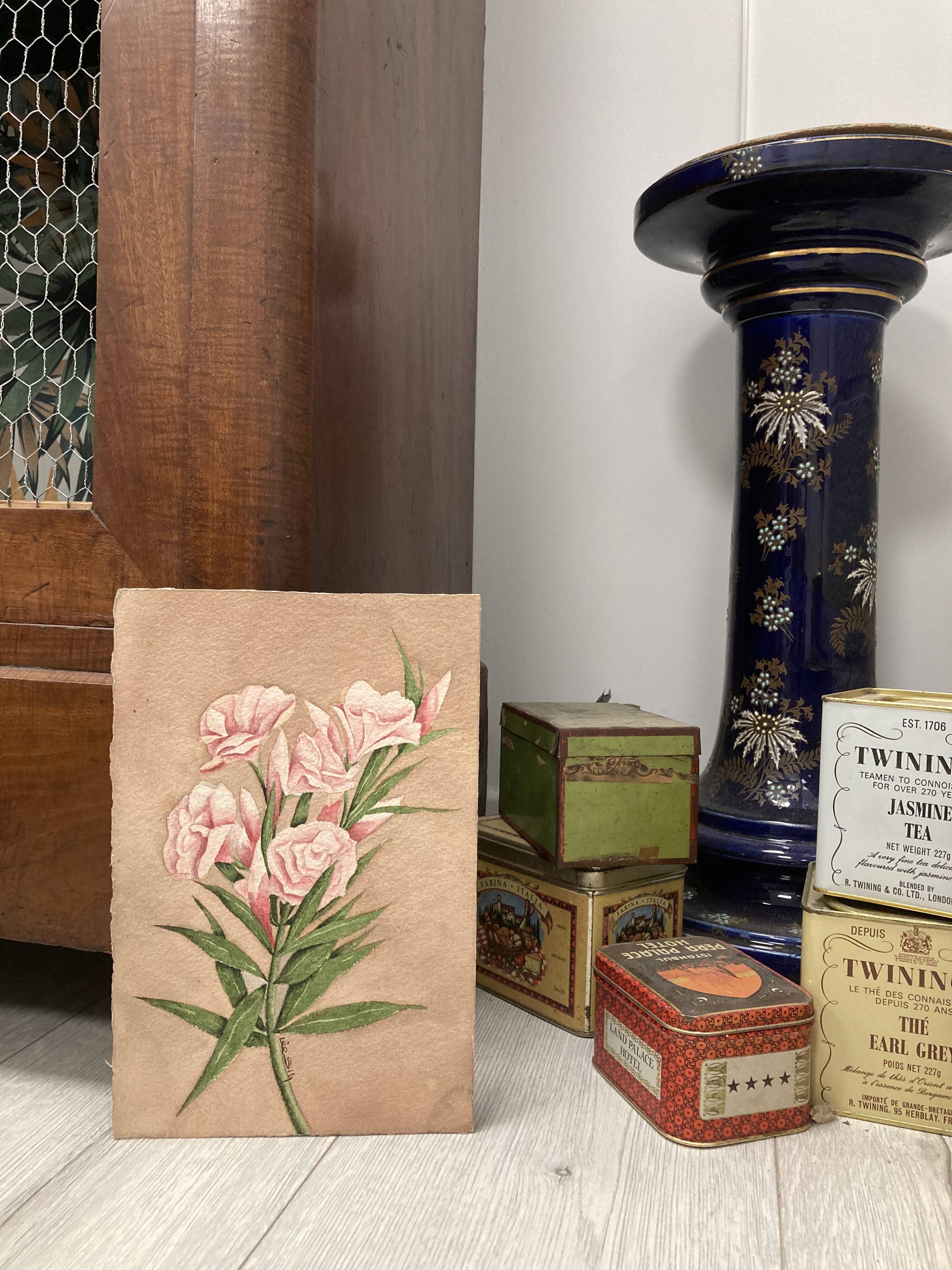 Signed watercolor with oleander flowers