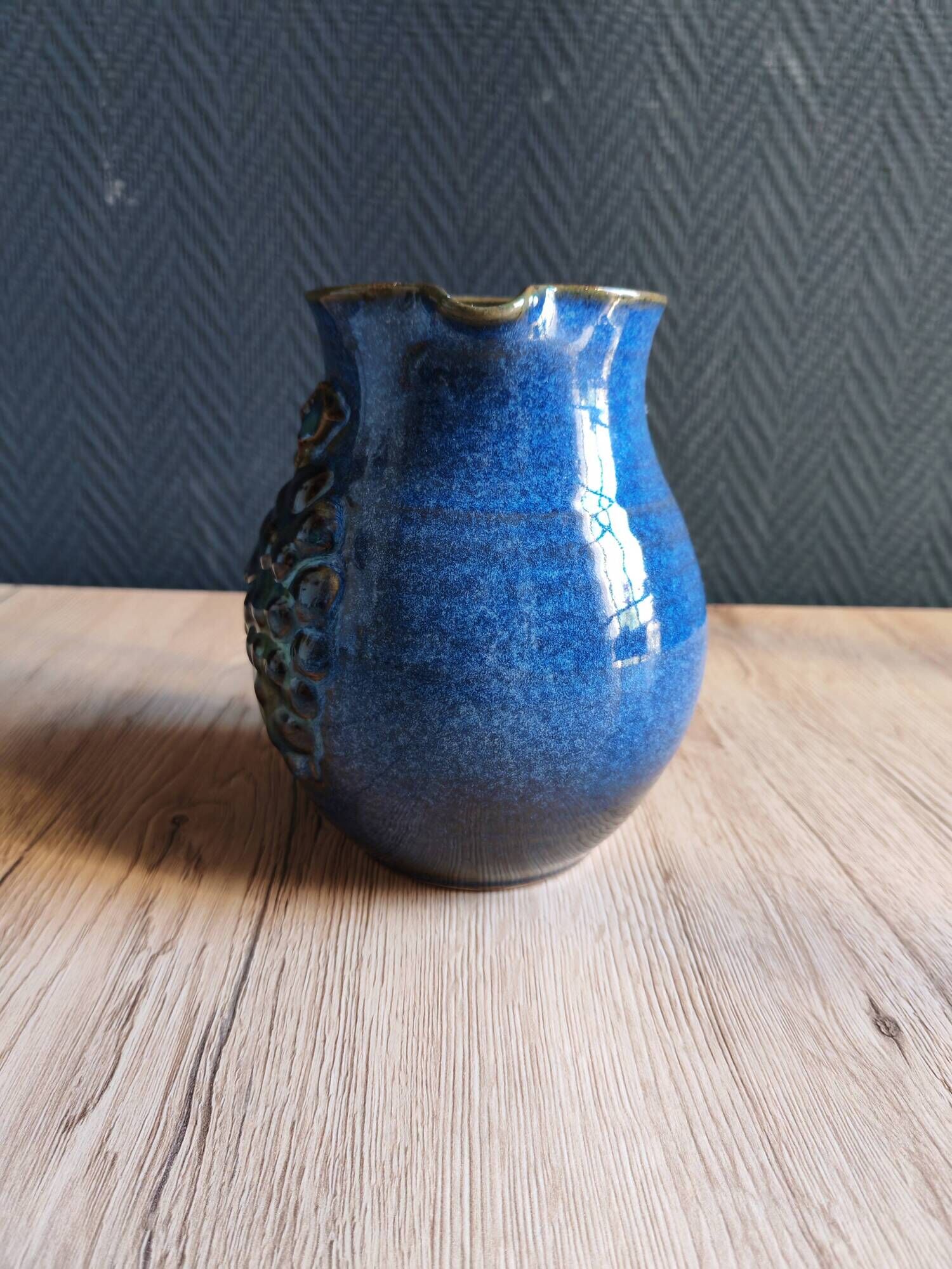 Vintage Blue Stoneware Jug with Grape Cluster Pattern, Ceramic Vase