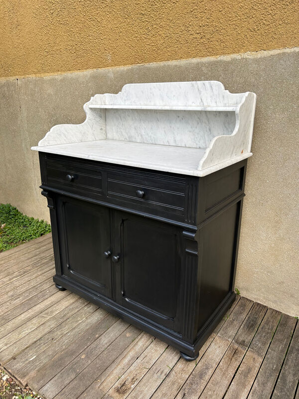 Meuble de salle de bains 1900 en bois noir et marbre blanc