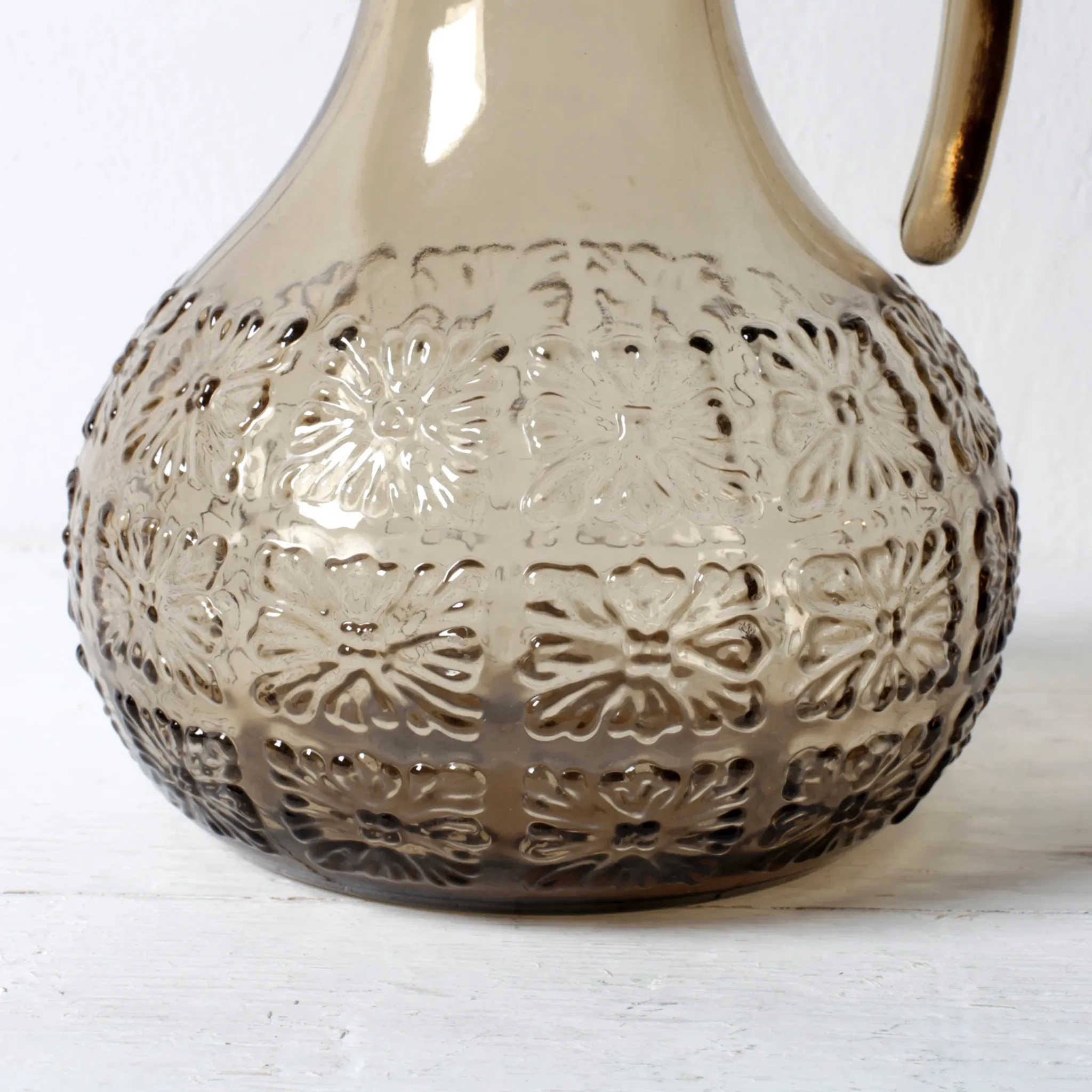 Italian Smoked Glass Jug / Embossed Floral Brown Pitcher / Mid-century Jug